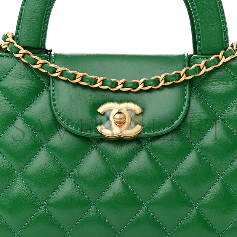 Ch*el shiny calfskin quilted nano kelly shopper green as4416 (19*13*7cm)